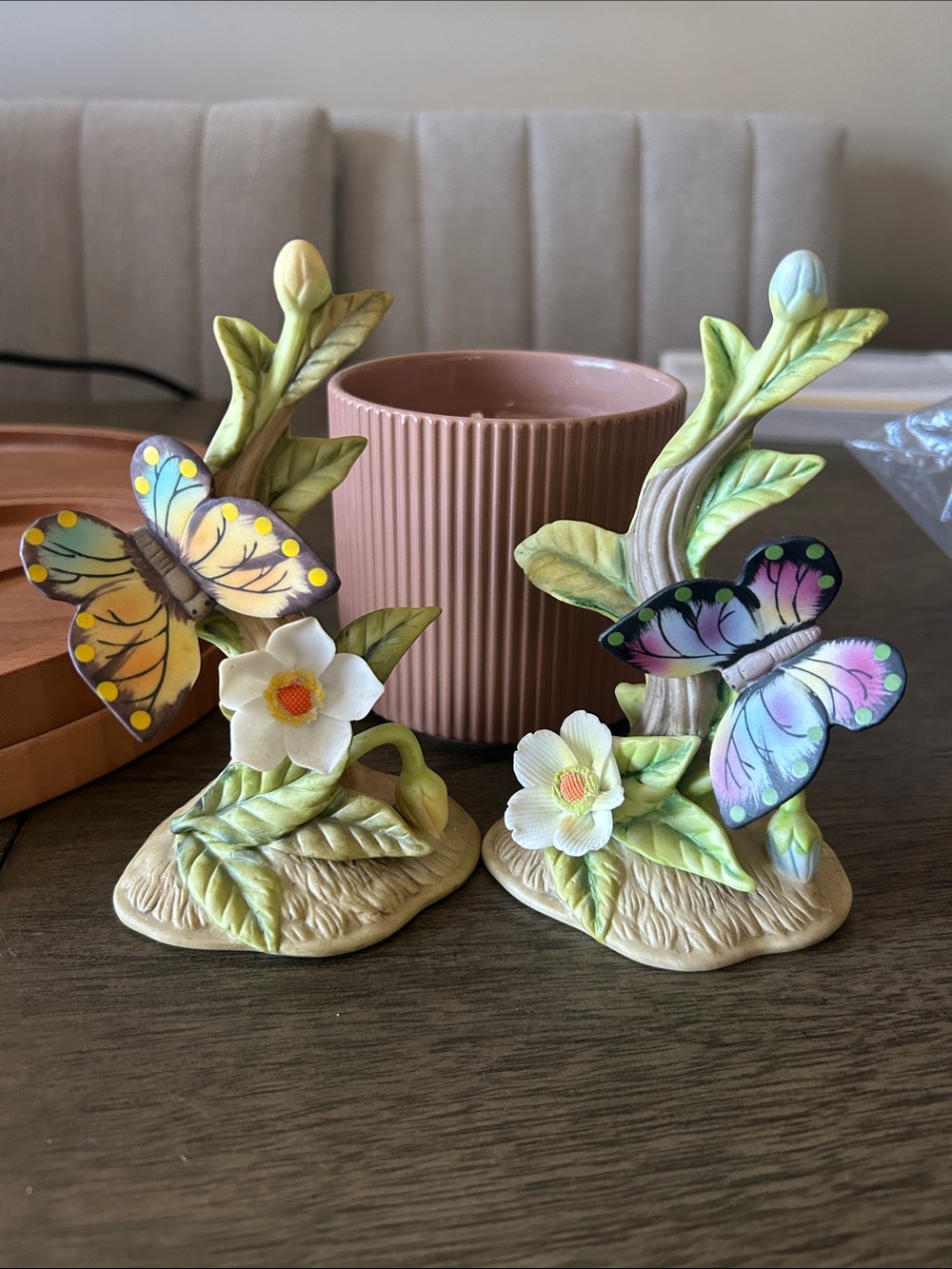 Vintage Disney Souvenir Hand-Painted Lefton Butterfly Floral Figurine Set